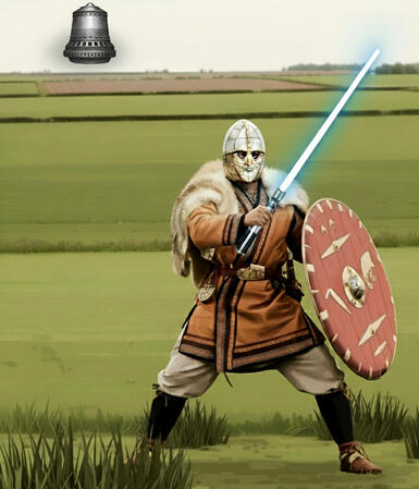 King Redwald with blue light sabre and Die Glocke in the sky